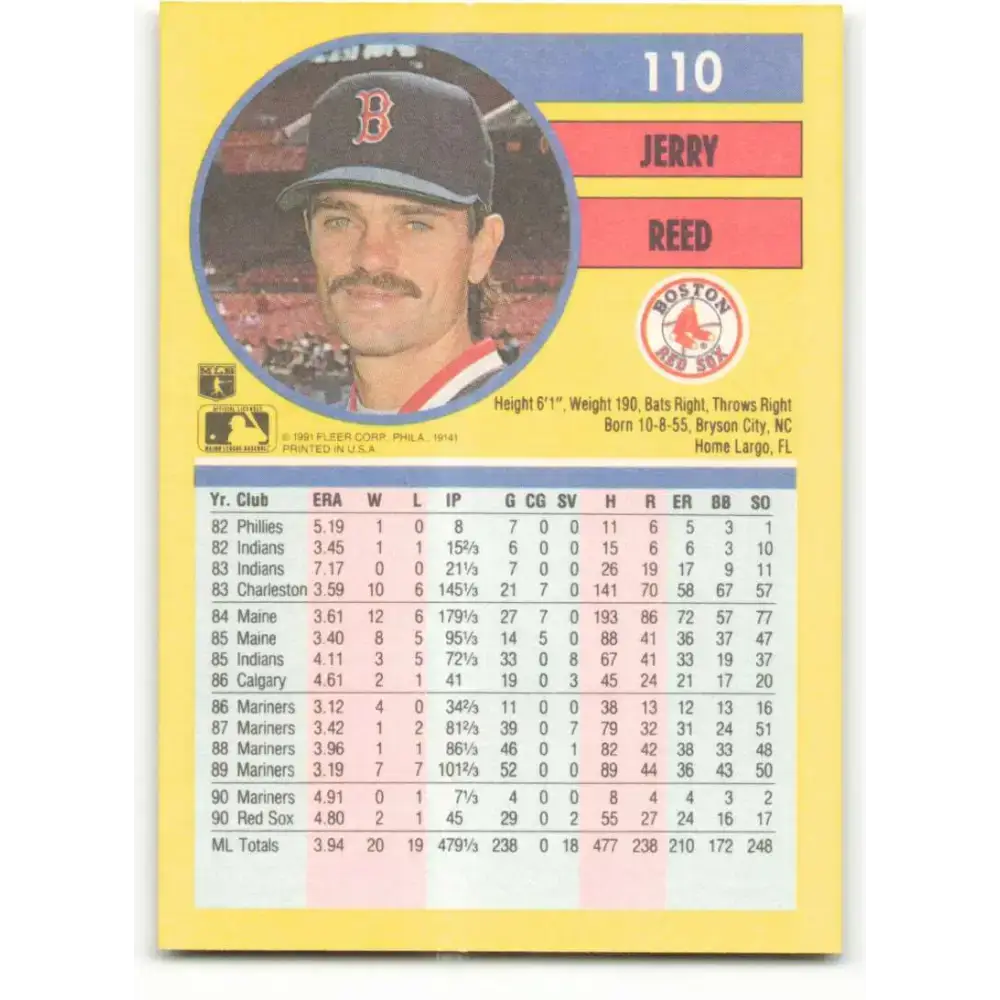 1991 Fleer #110 Jerry Reed NM-MT Boston Red Sox Baseball Card - Baseball Card Single