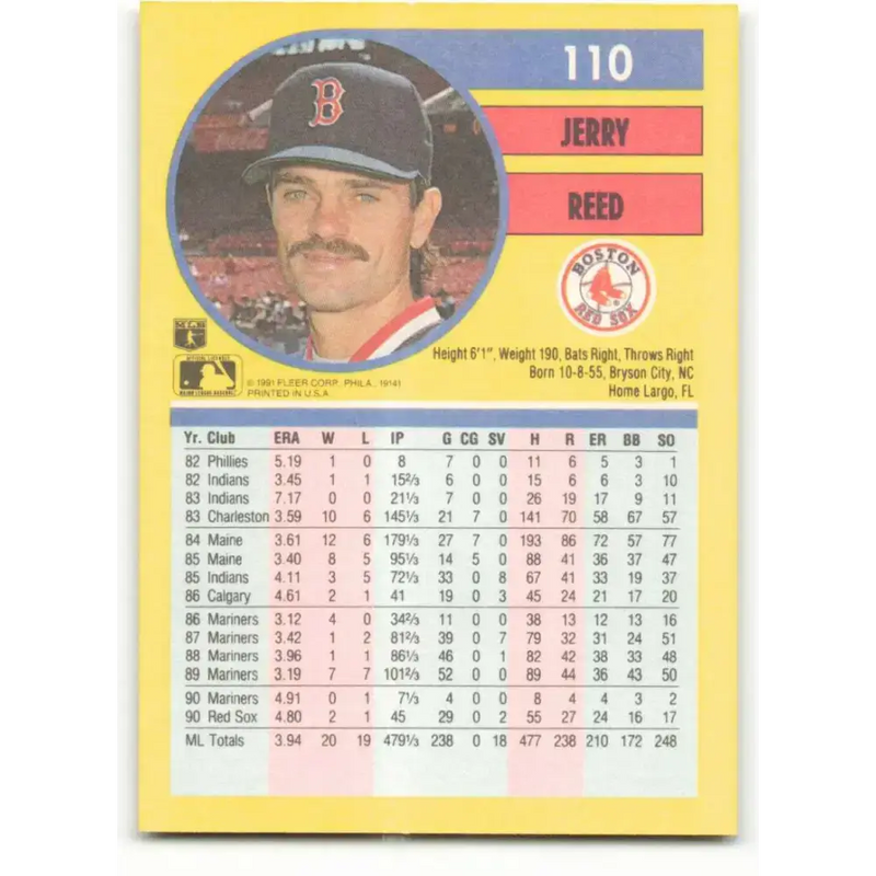 1991 Fleer #110 Jerry Reed NM-MT Boston Red Sox Baseball Card - Baseball Card Single