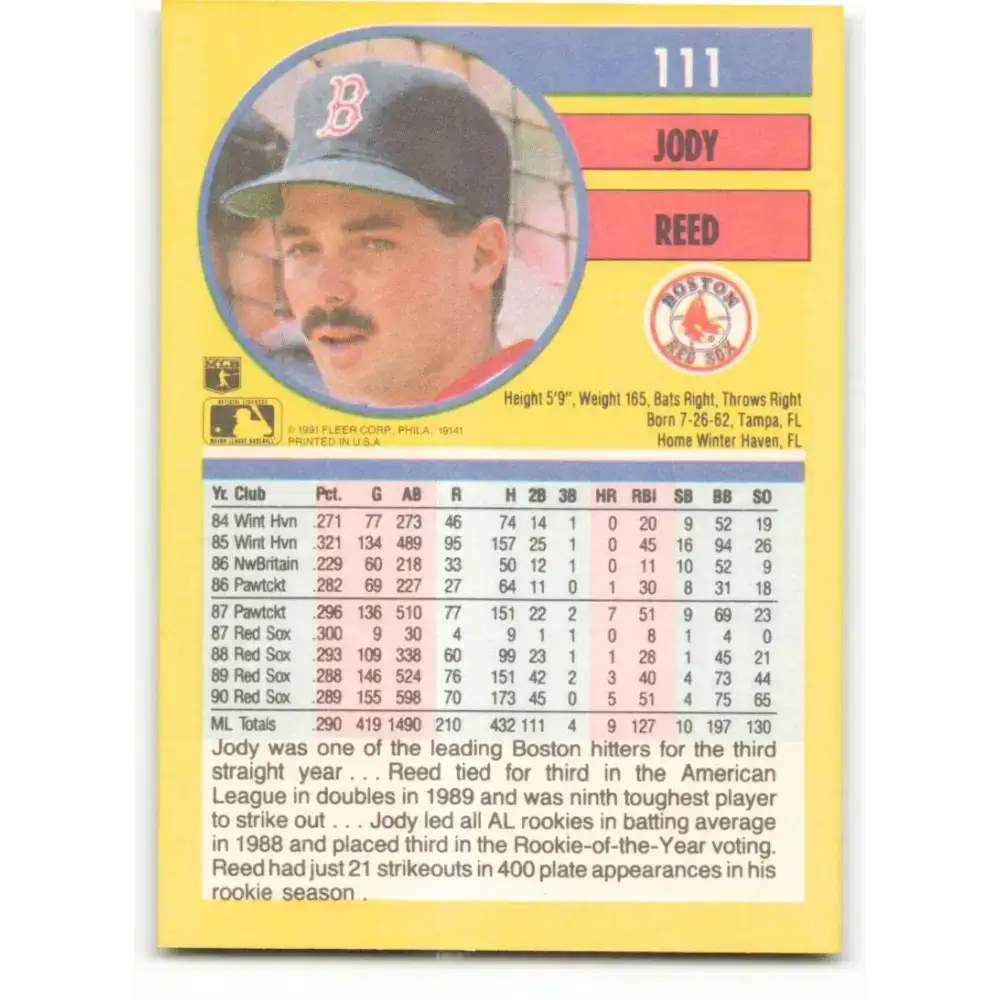 1991 Fleer #111 Jody Reed NM-MT Boston Red Sox Baseball Card - Baseball Card Single