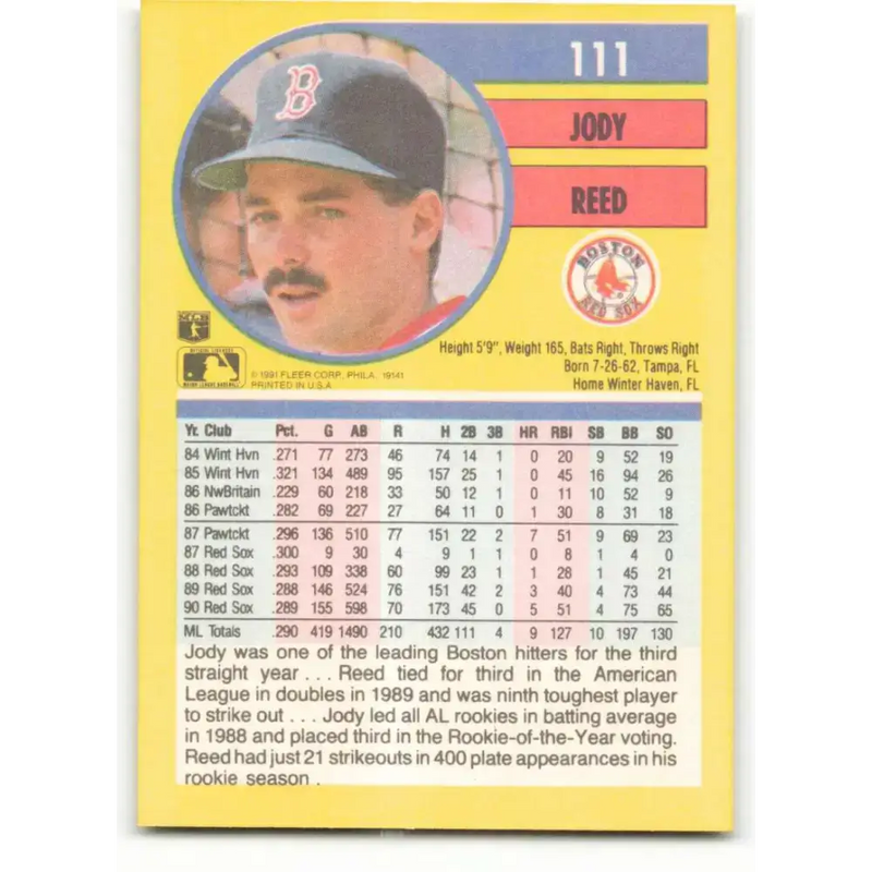 1991 Fleer #111 Jody Reed NM-MT Boston Red Sox Baseball Card - Baseball Card Single