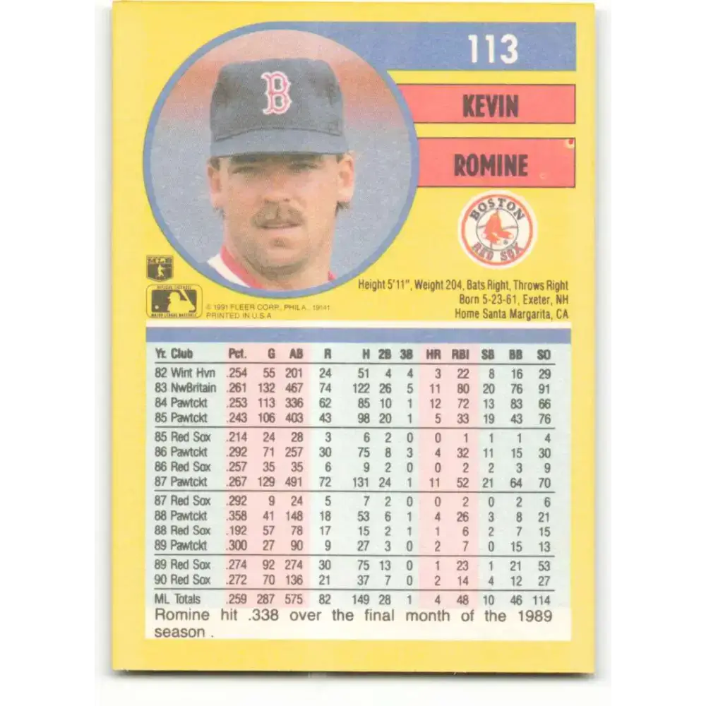 1991 Fleer #113 Kevin Romine NM-MT Boston Red Sox Baseball Card - Baseball Card Single