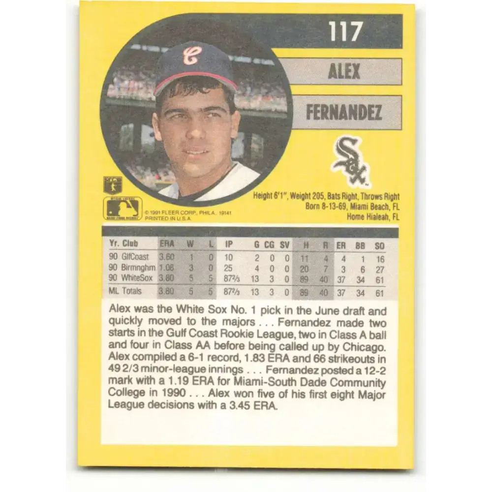 1991 Fleer #117 Alex Fernandez NM-MT Chicago White Sox Baseball Card - Baseball Card Single