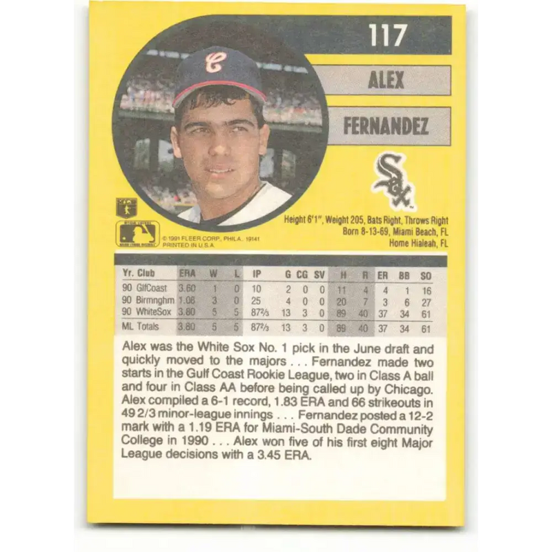 1991 Fleer #117 Alex Fernandez NM-MT Chicago White Sox Baseball Card - Baseball Card Single