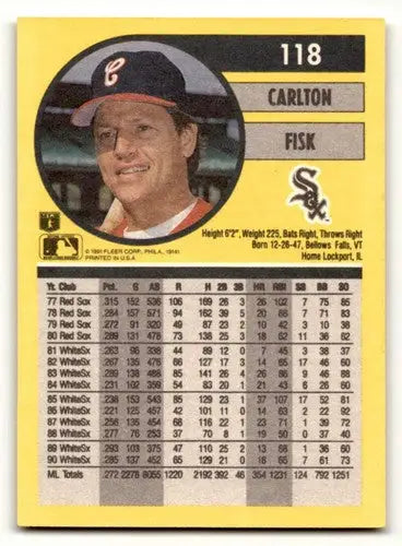 Carlton Fisk Chicago baseball card from 1991 Fleer #118 Chicago White Sox NM