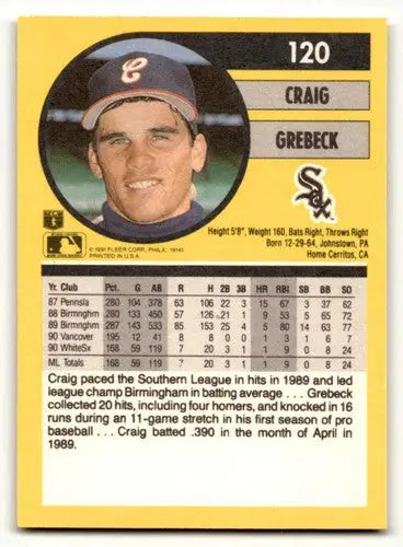 Baseball card back featuring original gloss for Craig Grebeck Chicago White Sox card