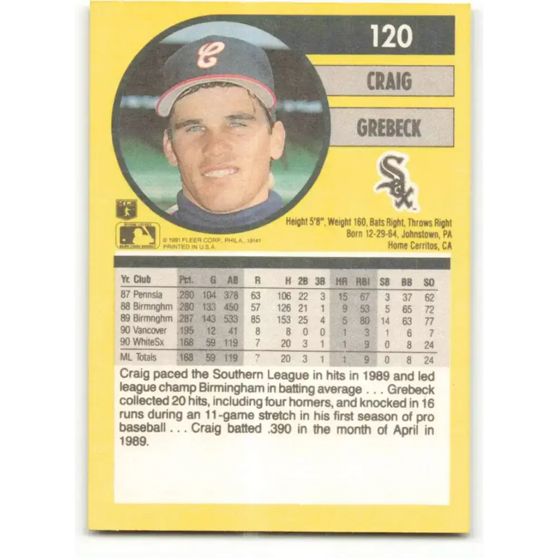 1991 Fleer #120 Craig Grebeck NM-MT Chicago White Sox Baseball Card - Baseball Card Single
