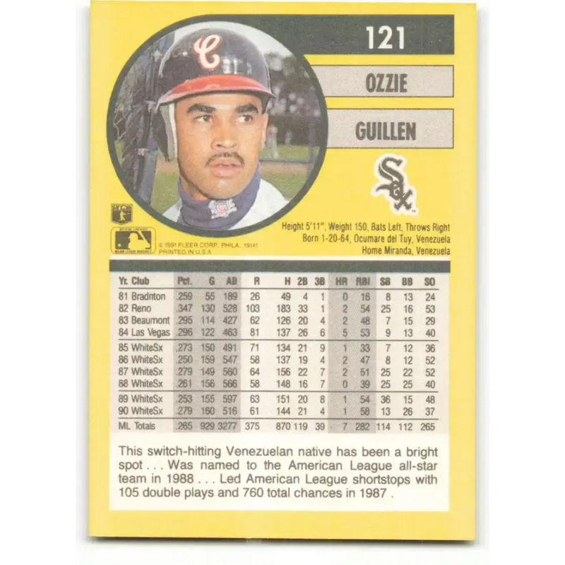 1991 Fleer #121 Ozzie Guillen NM-MT Chicago White Sox Baseball Card - Baseball Card Single