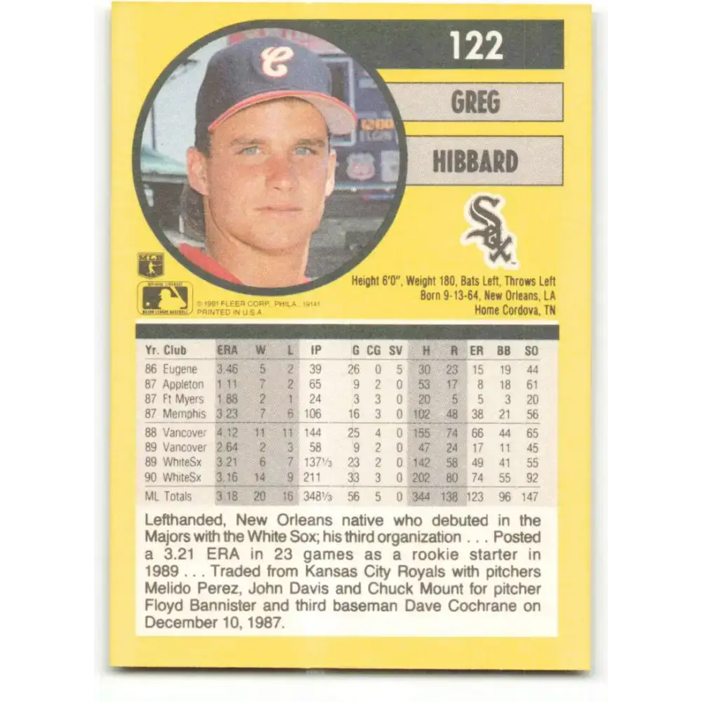 1991 Fleer #122 Greg Hibbard NM-MT Chicago White Sox Baseball Card - Baseball Card Single