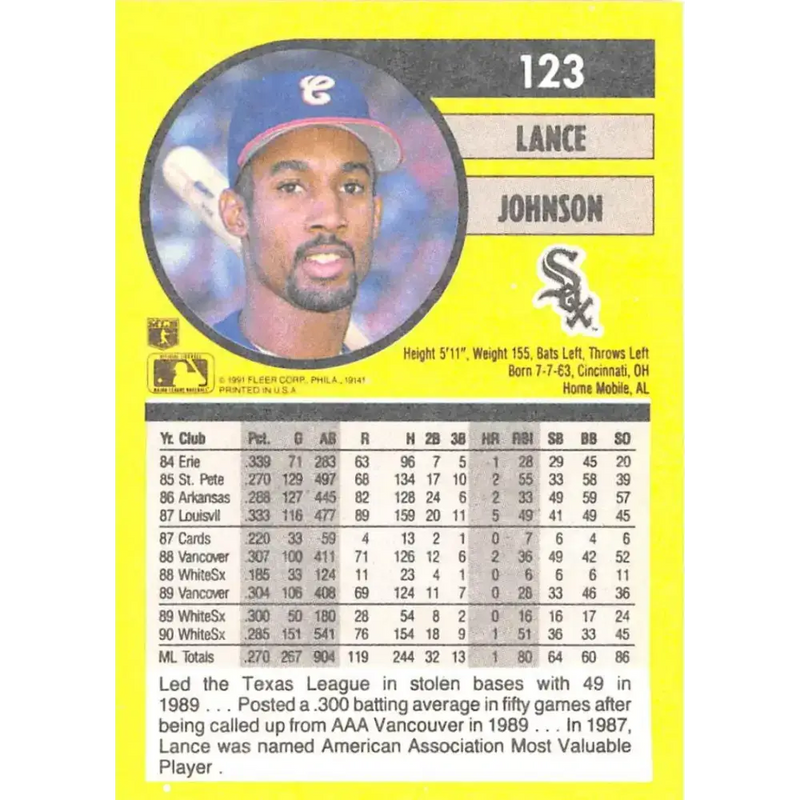 1991 Fleer #123 Lance Johnson NM-MT Chicago White Sox Baseball Card - Baseball Card Single