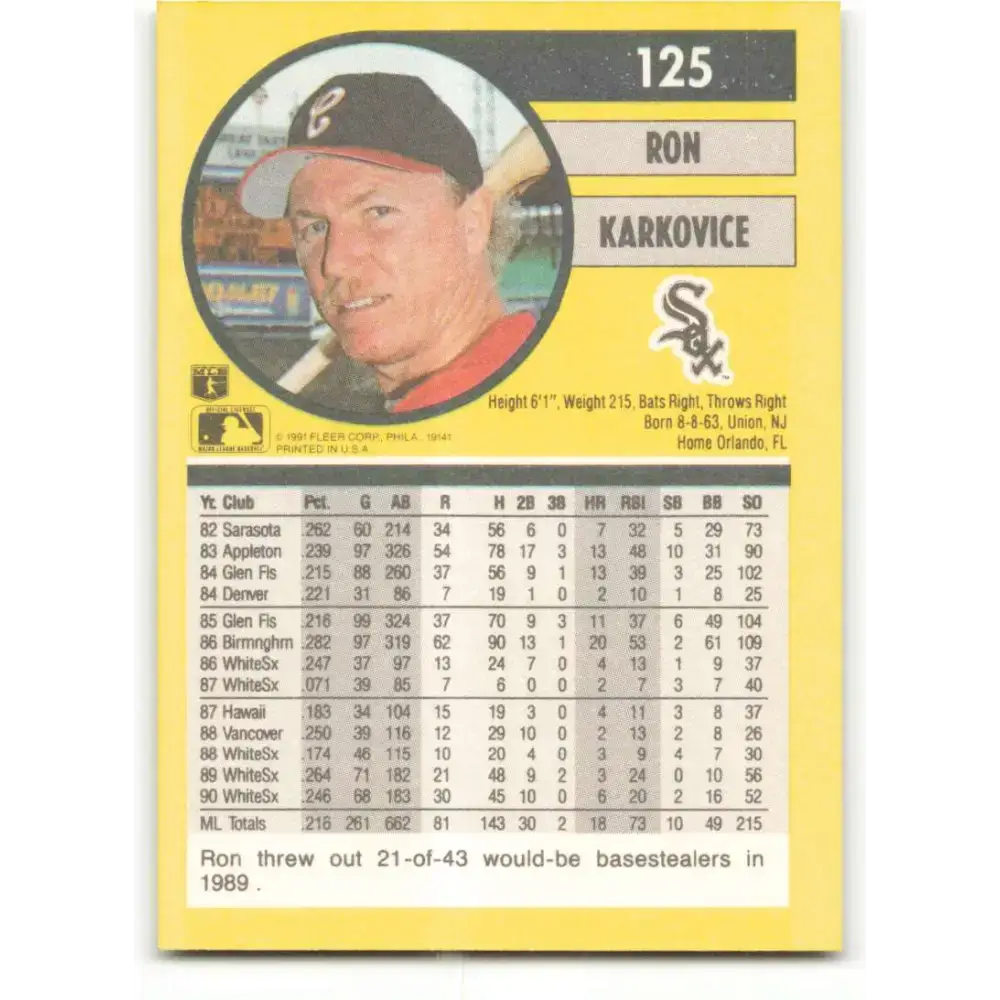 1991 Fleer #125 Ron Karkovice NM-MT Chicago White Sox Baseball Card - Baseball Card Single