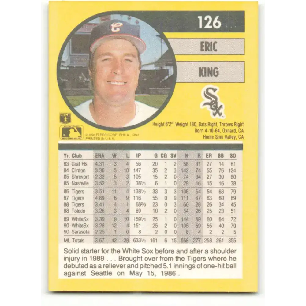 1991 Fleer #126 Eric King NM-MT Chicago White Sox Baseball Card - Baseball Card Single