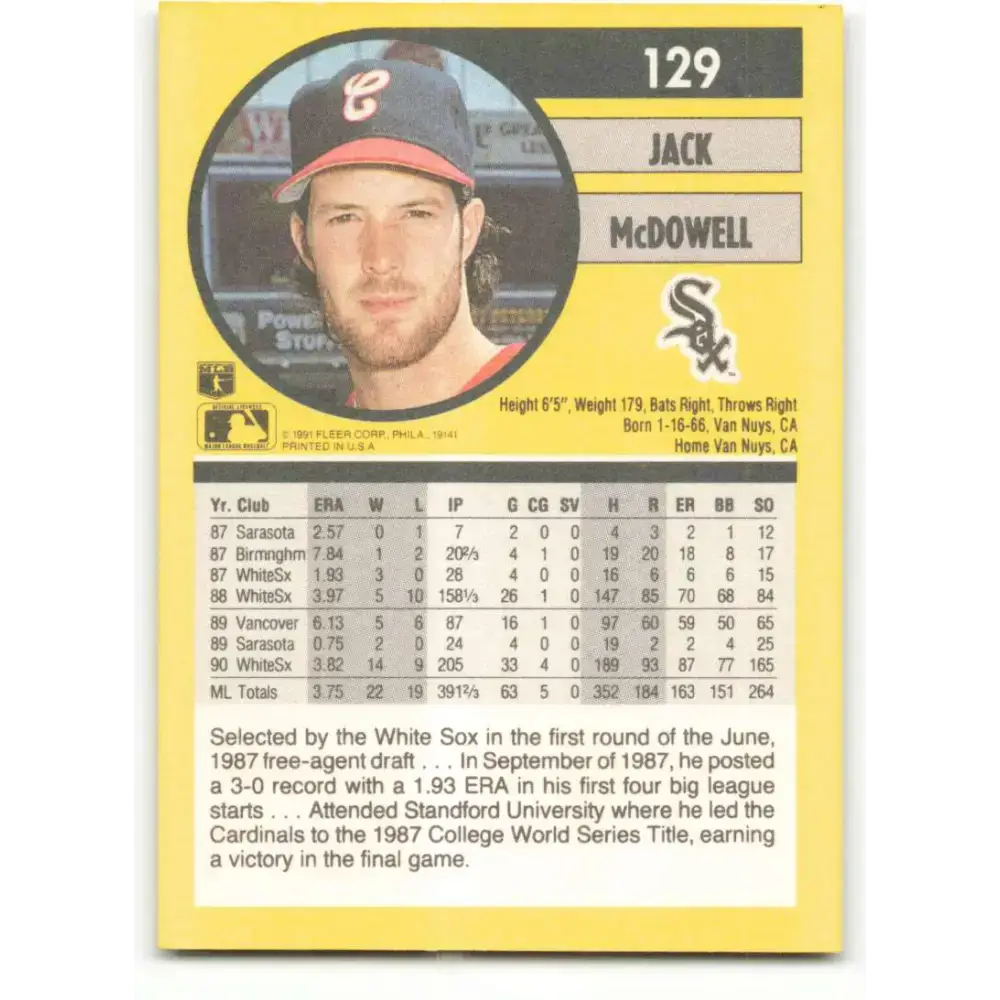 1991 Fleer #129 Jack McDowell NM-MT Chicago White Sox Baseball Card - Baseball Card Single