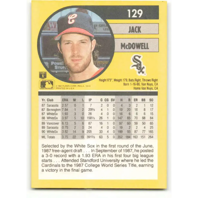 1991 Fleer #129 Jack McDowell NM-MT Chicago White Sox Baseball Card - Baseball Card Single