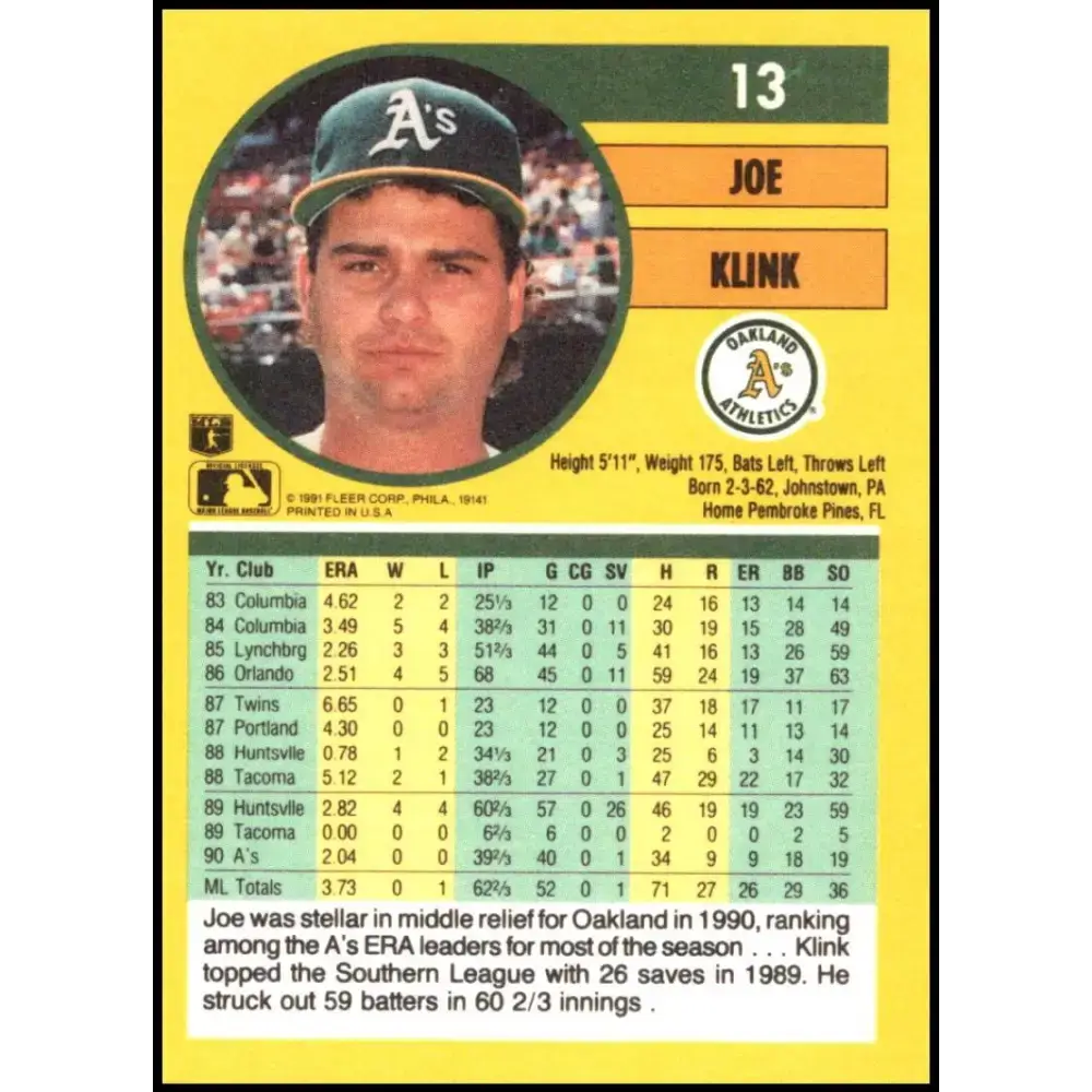 1991 Fleer #13 Joe Klink NM-MT Oakland Athletics Baseball Card - Baseball Card Single