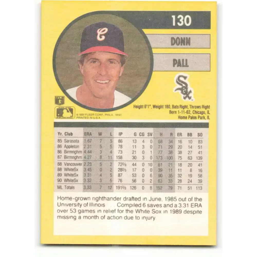 1991 Fleer #130 Donn Pall NM-MT Chicago White Sox Baseball Card - Baseball Card Single