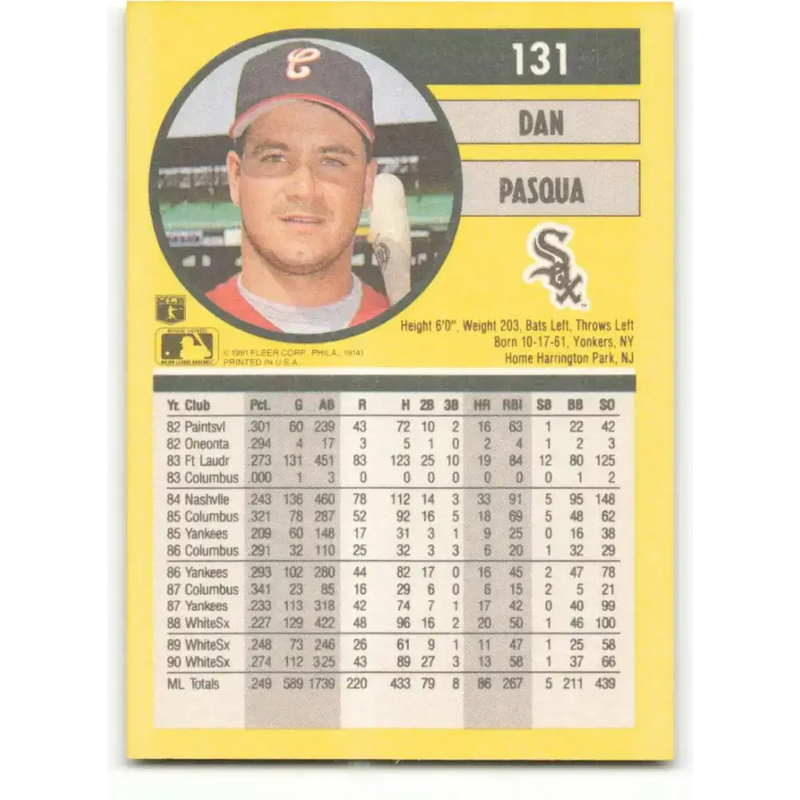 1991 Fleer #131 Dan Pasqua NM-MT Chicago White Sox Baseball Card - Baseball Card Single
