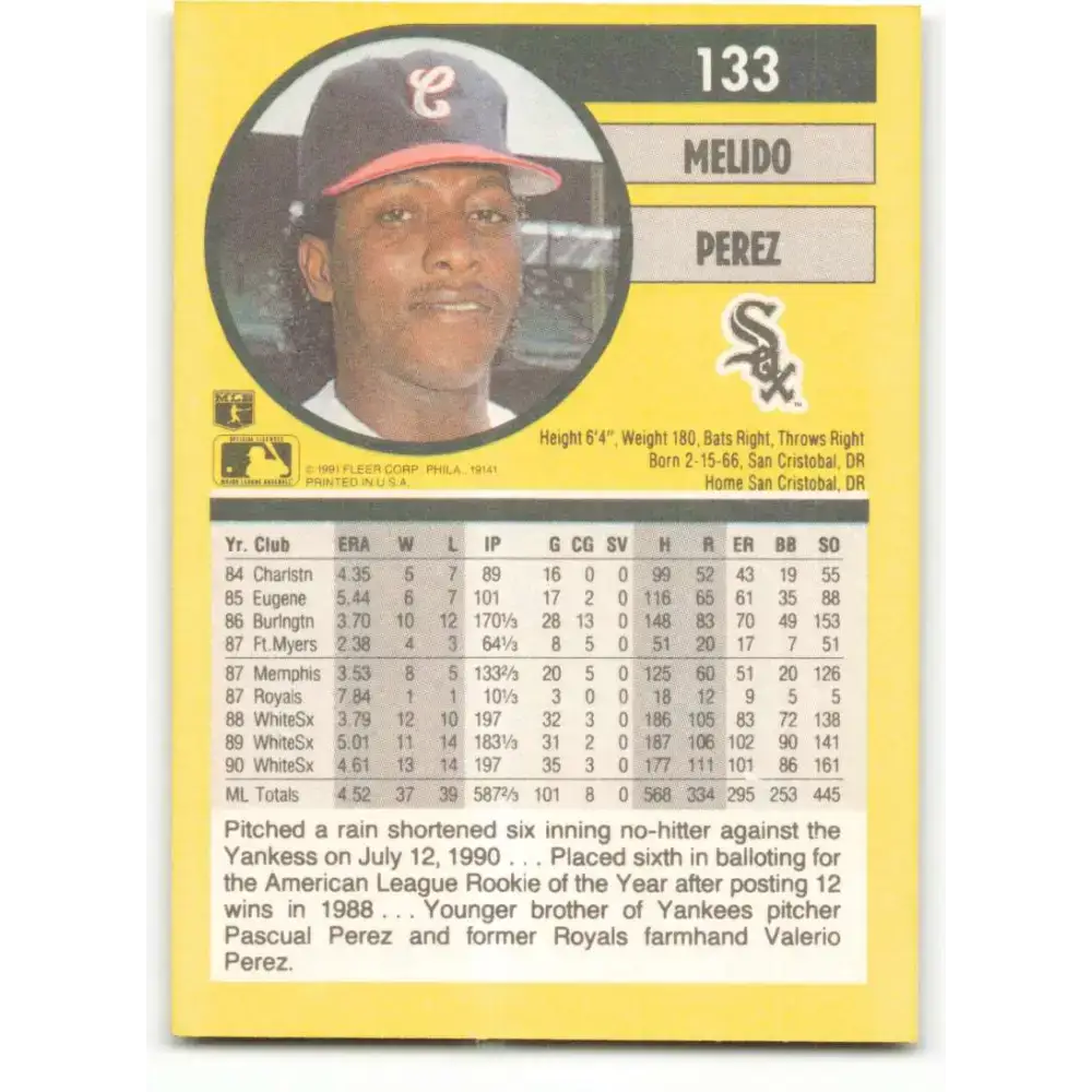 1991 Fleer #133 Melido Perez NM-MT Chicago White Sox Baseball Card - Baseball Card Single