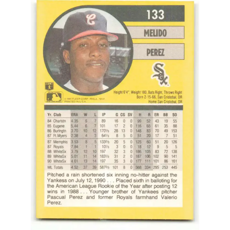 1991 Fleer #133 Melido Perez NM-MT Chicago White Sox Baseball Card - Baseball Card Single