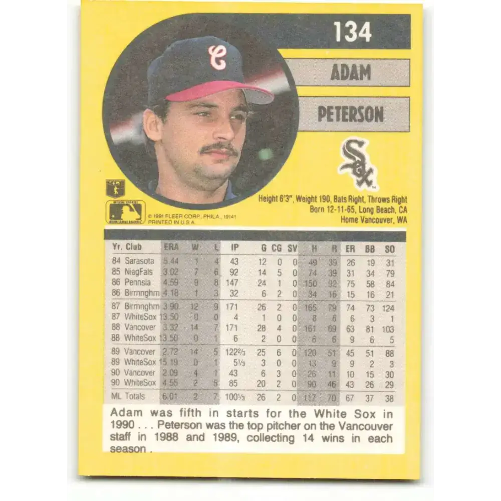 1991 Fleer #134 Adam Peterson NM-MT Chicago White Sox Baseball Card - Baseball Card Single