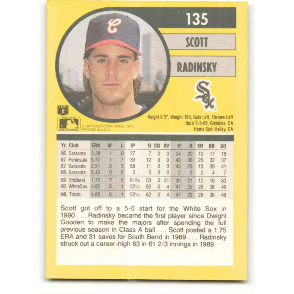 1991 Fleer #135 Scott Radinsky NM-MT Chicago White Sox Baseball Card - Baseball Card Single