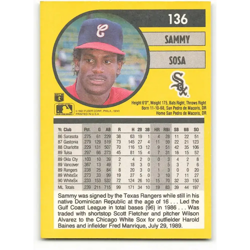 1991 Fleer #136 Sammy Sosa NM-MT Chicago White Sox Baseball Card - Baseball Card Single