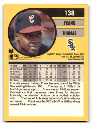 1991 Fleer #138 Frank Thomas EX/NM White Sox ID:59275 - Baseball Card Single
