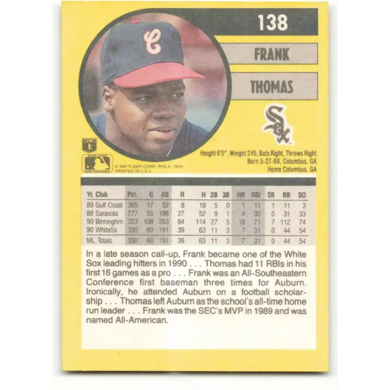 1991 Fleer #138 Frank Thomas NM-MT Chicago White Sox Baseball Card - Baseball Card Single