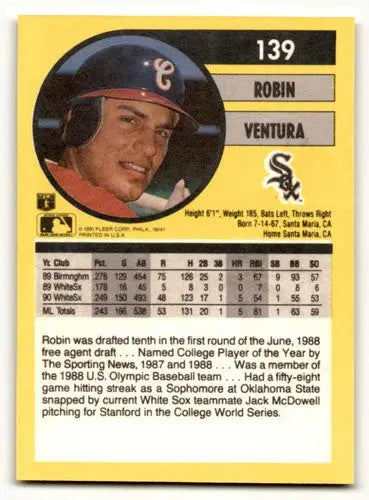 Robin Ventura Chicago White Sox baseball card from 1991 Fleer #139 featuring Chicago White