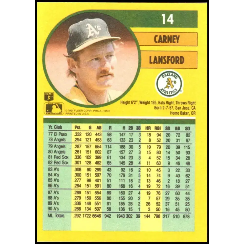 1991 Fleer #14 Carney Lansford NM-MT Oakland Athletics Baseball Card - Baseball Card Single