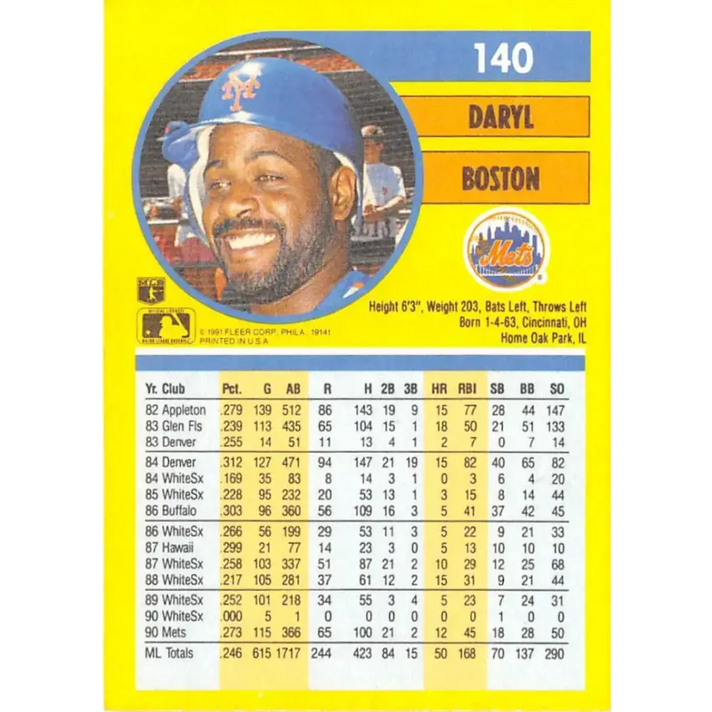1991 Fleer #140 Daryl Boston NM-MT New York Mets Baseball Card - Baseball Card Single