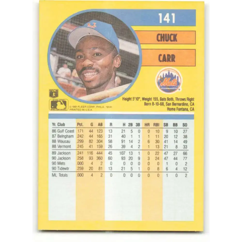 1991 Fleer #141 Chuck Carr NM-MT New York Mets Baseball Card - Baseball Card Single