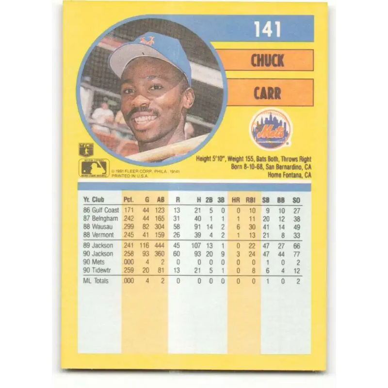 1991 Fleer #141 Chuck Carr NM-MT New York Mets Baseball Card - Baseball Card Single