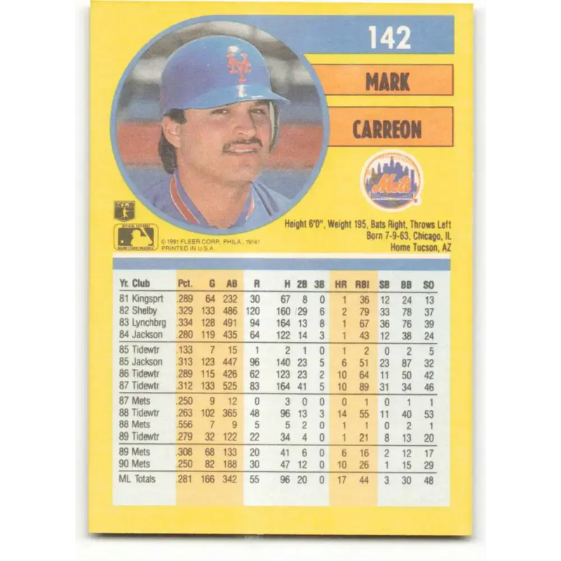1991 Fleer #142 Mark Carreon NM-MT New York Mets Baseball Card - Baseball Card Single