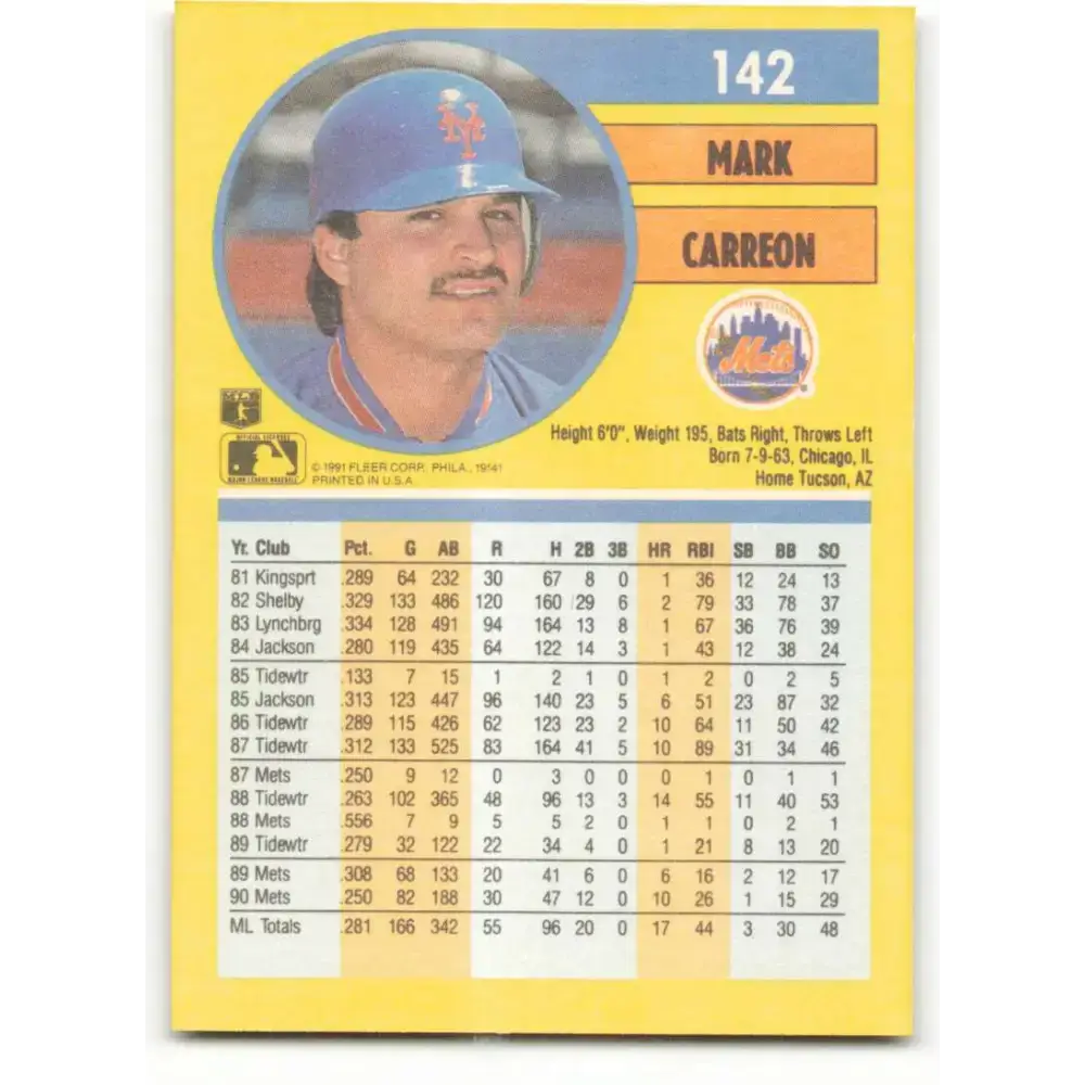 1991 Fleer #142 Mark Carreon NM-MT New York Mets Baseball Card - Baseball Card Single