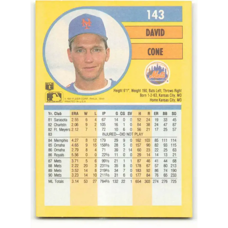 1991 Fleer #143 David Cone NM-MT New York Mets Baseball Card - Baseball Card Single