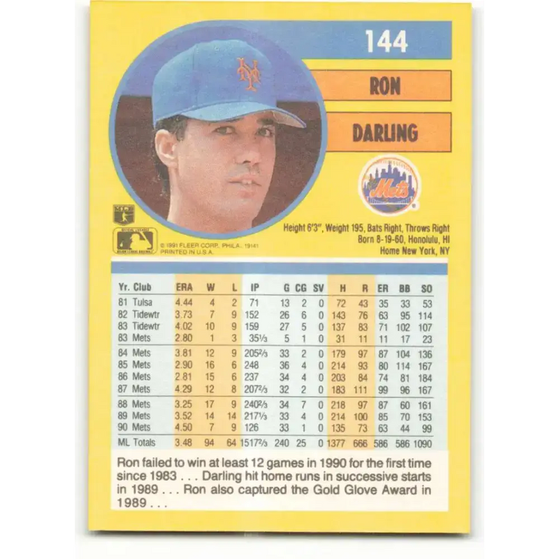 1991 Fleer #144 Ron Darling NM-MT New York Mets Baseball Card - Baseball Card Single