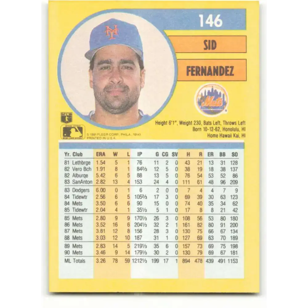 1991 Fleer #146 Sid Fernandez NM-MT New York Mets Baseball Card - Baseball Card Single