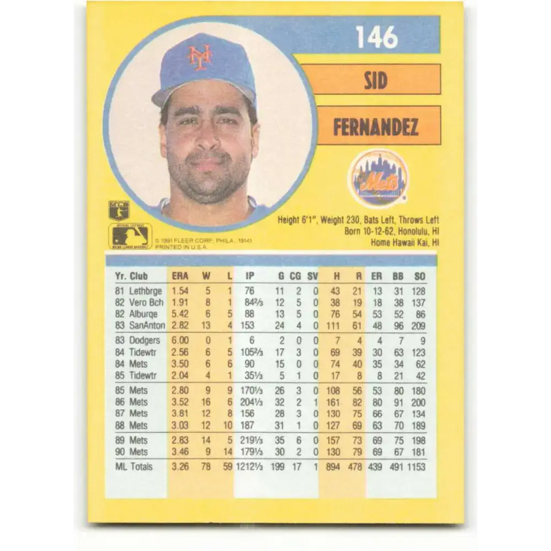 1991 Fleer #146 Sid Fernandez NM-MT New York Mets Baseball Card - Baseball Card Single