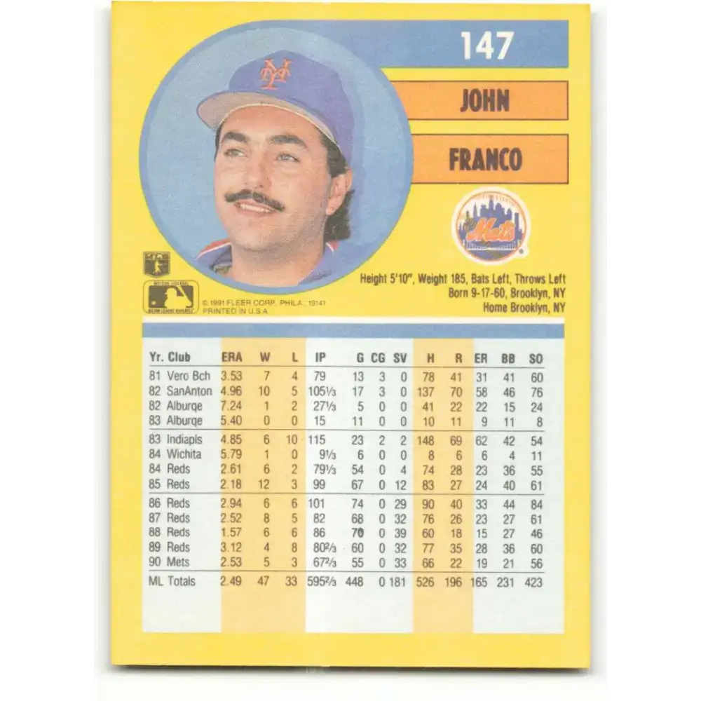 1991 Fleer #147 John Franco NM-MT New York Mets Baseball Card - Baseball Card Single