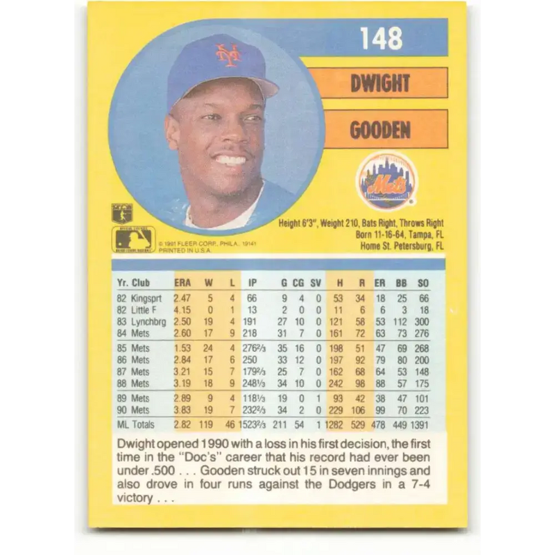 1991 Fleer #148 Dwight Gooden NM-MT New York Mets Baseball Card - Baseball Card Single