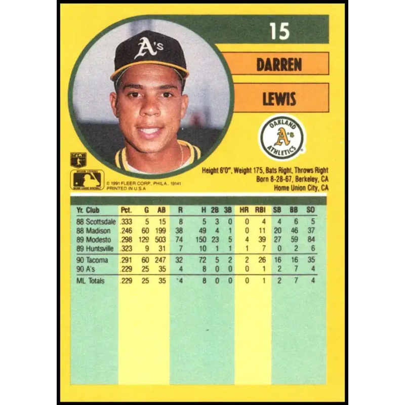 1991 Fleer #15 Darren Lewis NM-MT Oakland Athletics Baseball Card