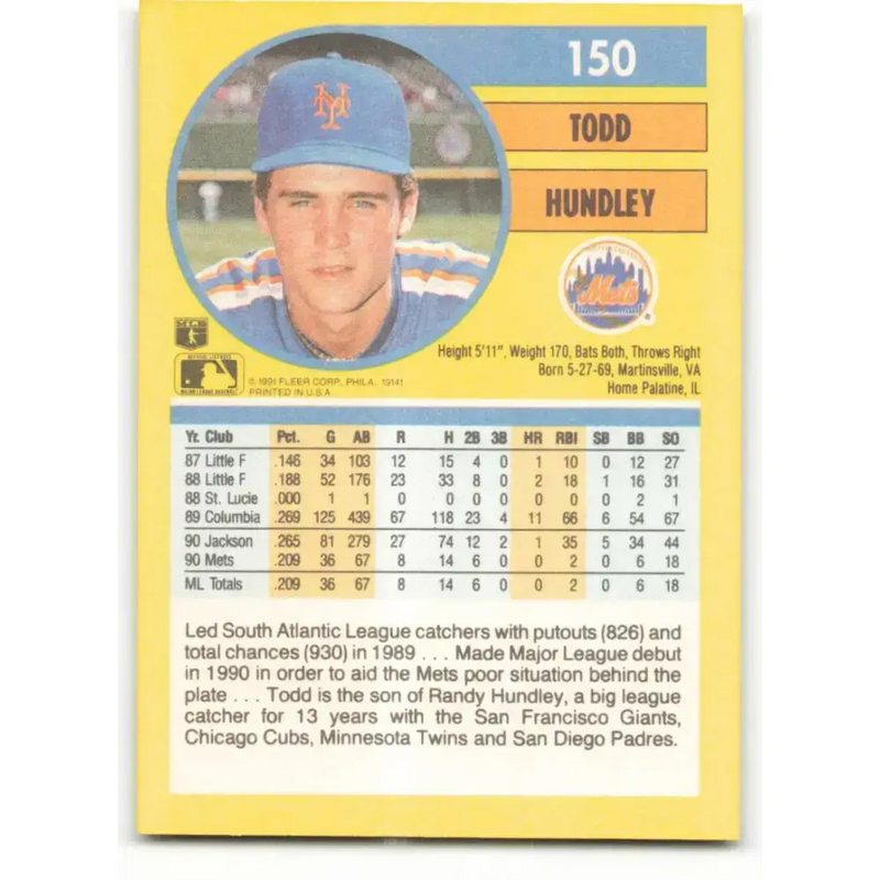 1991 Fleer #150 Todd Hundley NM-MT New York Mets Baseball Card - Baseball Card Single