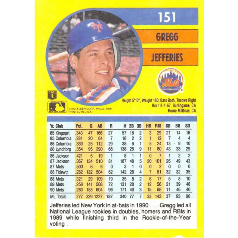 1991 Fleer #151 Gregg Jefferies NM-MT New York Mets Baseball Card - Baseball Card Single