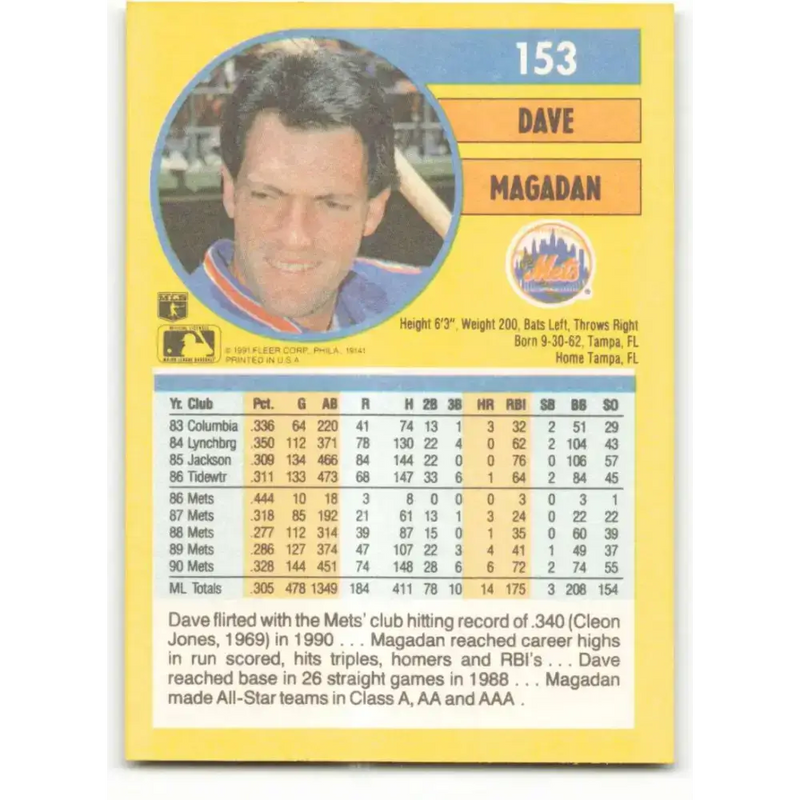 1991 Fleer #153 Dave Magadan NM-MT New York Mets Baseball Card - Baseball Card Single