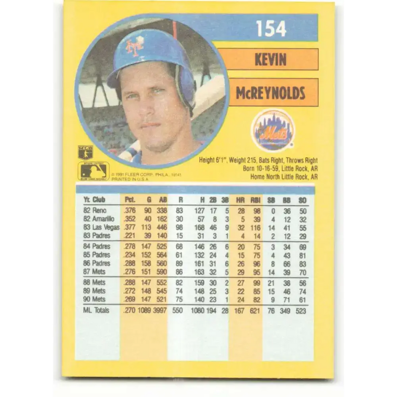 1991 Fleer #154 Kevin McReynolds NM-MT New York Mets Baseball Card