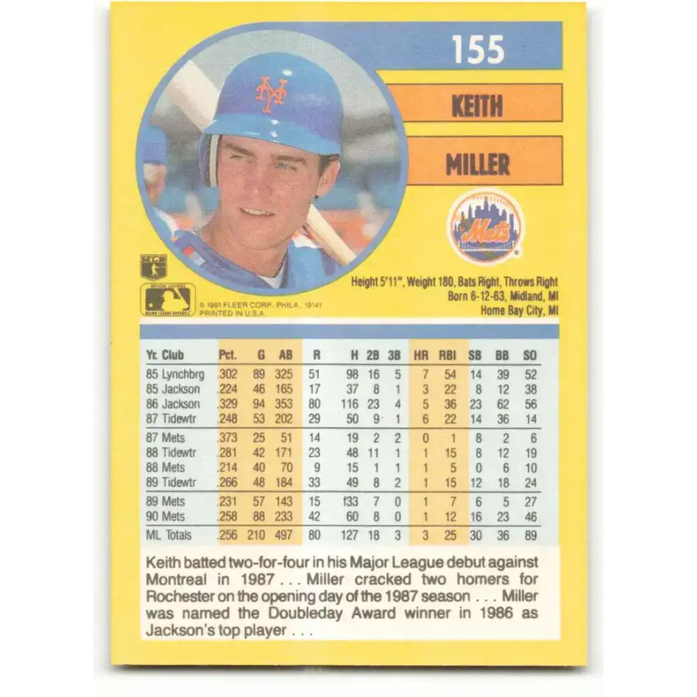 1991 Fleer #155 Keith Miller NM-MT New York Mets Baseball Card - Baseball Card Single