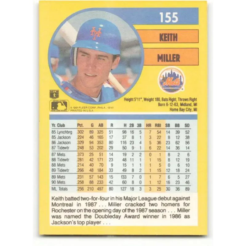 1991 Fleer #155 Keith Miller NM-MT New York Mets Baseball Card - Baseball Card Single