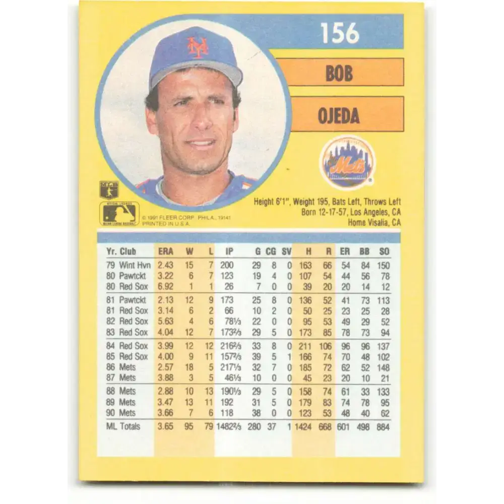 1991 Fleer #156 Bob Ojeda NM-MT New York Mets Baseball Card - Baseball Card Single