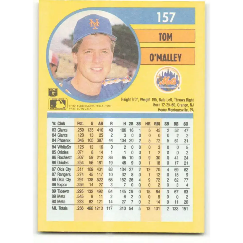 1991 Fleer #157 Tom O’Malley NM-MT New York Mets Baseball Card - Baseball Card Single