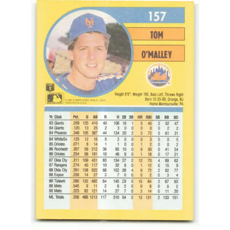 1991 Fleer #157 Tom O’Malley NM-MT New York Mets Baseball Card - Baseball Card Single